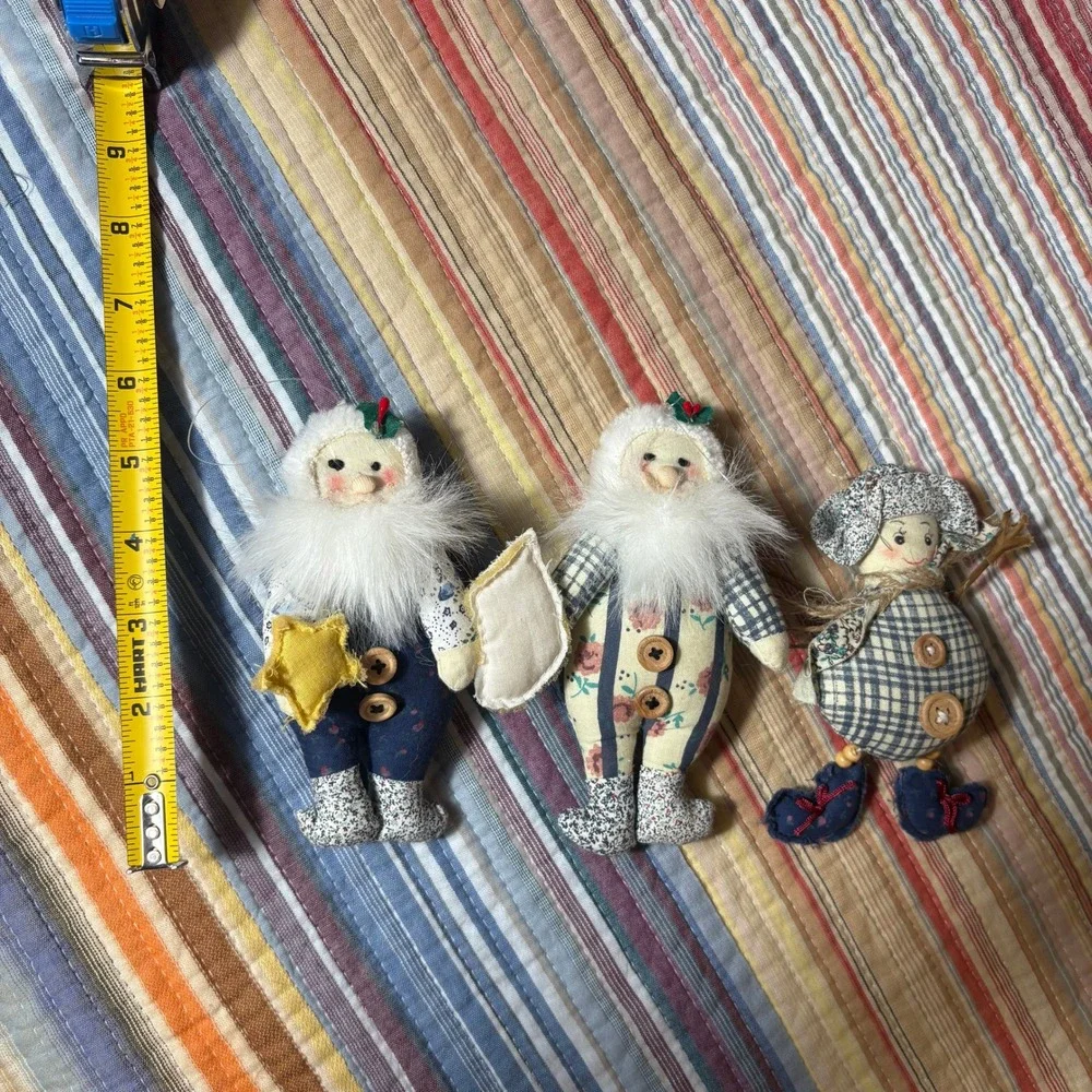 Vintage Primitive Christmas Ornaments Set of 3 Handmade Fabric Santas Folk Art